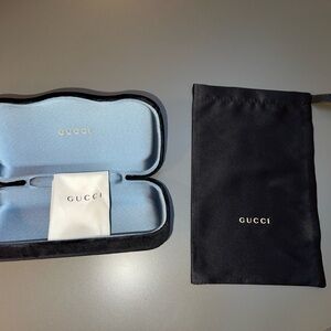 Gucci Black Exterior Eyewear Case with Light Blue Interior and Gold Logo